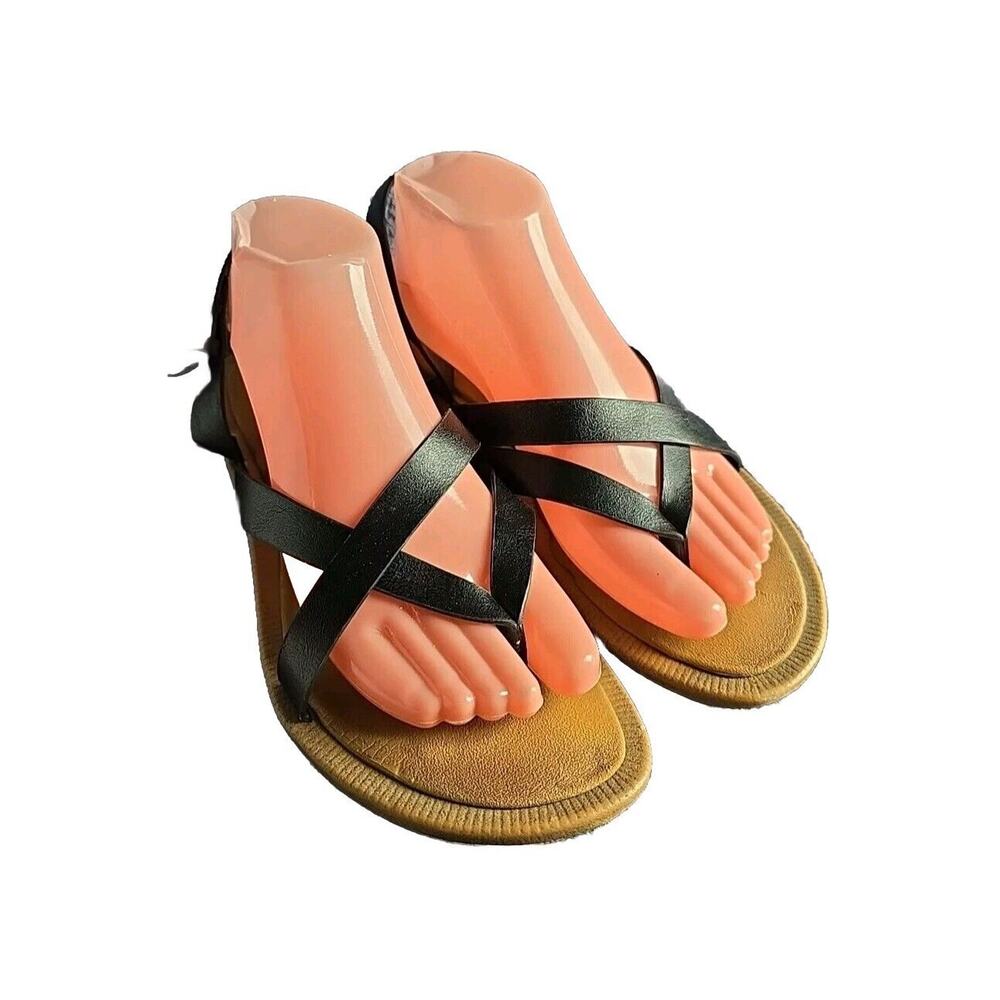 Skechers Cali Luxe Foam Black Leather Thong Strappy Slip On Sandals Womans Sz 8